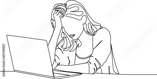 continuous single line drawing of stressed and frustrated woman using laptop computer, line art vector illustration