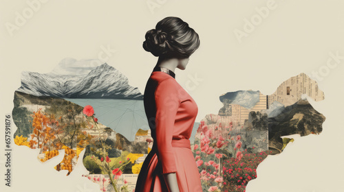 Editorial Image: Woman's Concern for Nature and Climate Change in Decoupage Collage.