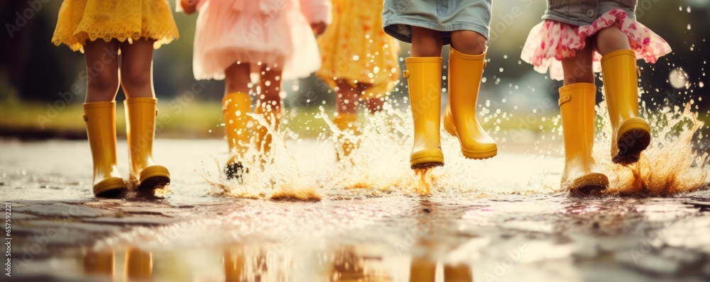 Several children wearing rain yellow boots, jumping and splashing in puddles as rain falls around them. The shot convey a strong summer vibe. Close-up view. - obrazy, fototapety, plakaty 