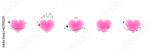 Blurred pink aura heart with line shape, crown, stars. Y2k aesthetic elements for card, collage, poster. Valentine's day concept. Vector isolated illustration. 