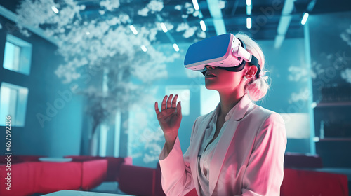 Woman in white attire with VR and AR headset, immersed in luxurious spatial computing experience. photo