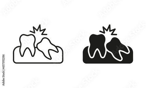 Crooked Teeth Silhouette and Line Icons Set. Malocclusion Medical Problem, Oral Care Pictogram. Wisdom Tooth Disease Symbol Collection. Dental Treatment, Dentistry Sign. Isolated Vector Illustration