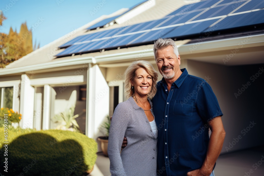 Mature Scandinavian couple standing on front of a house with solar panels on the roof. They smiling and looking at camera. Innovative energy systems to save your money.