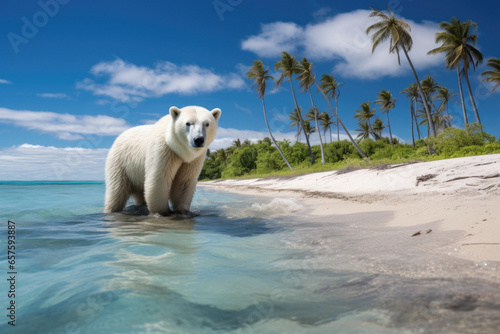 Vászonkép Polar bear on thew shore of tropical island