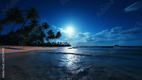 A full moon shines over a beach with palm trees