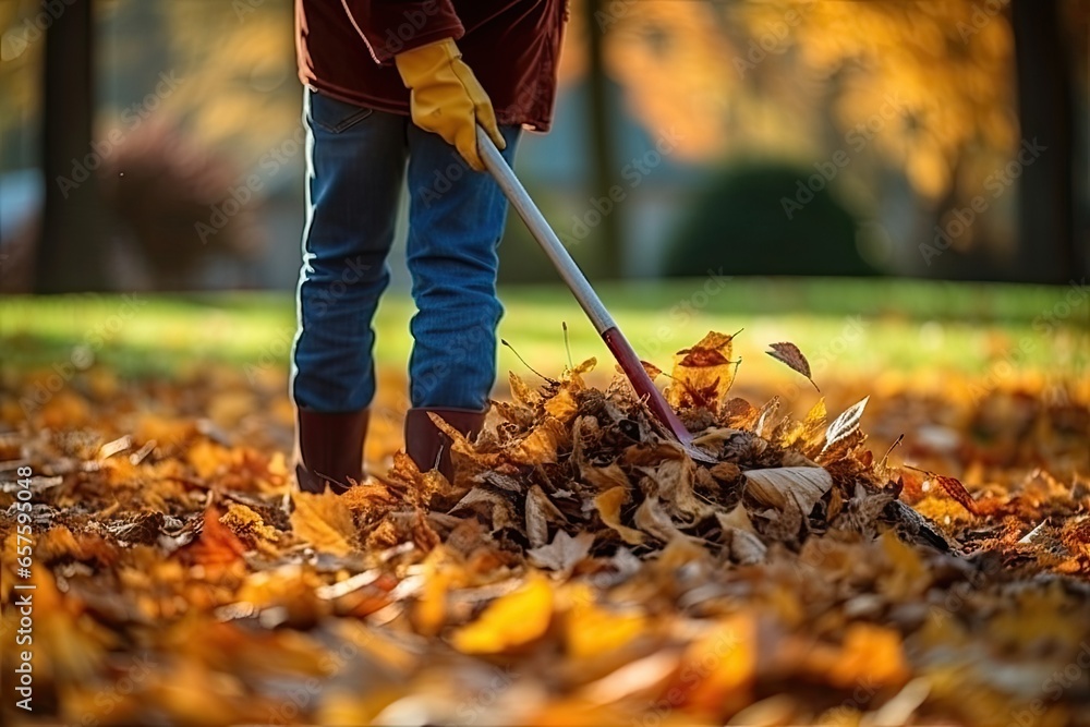 Man in his hands with a rake collects fallen autumn leaves in the park