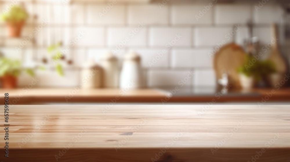 Mock up with an empty wooden table on blurred kitchen background. Backdrop for product presentation or showcase Mock up with an empty wooden table on blurred kitchen background. Backdrop for product presentation or showcase