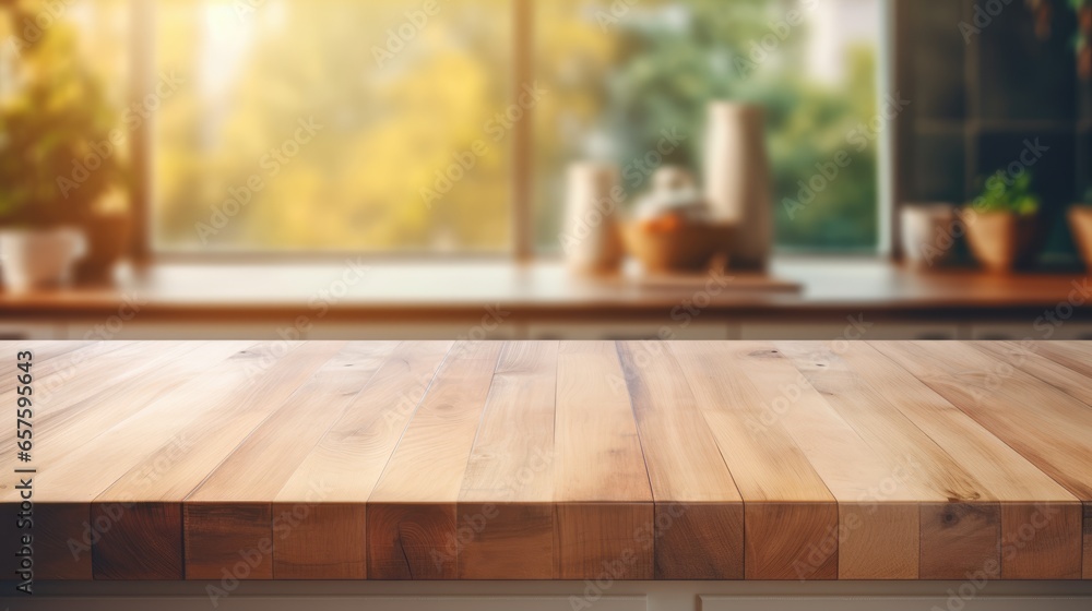 Mock up with an empty wooden table on blurred kitchen background. Backdrop for product presentation or showcase Mock up with an empty wooden table on blurred kitchen background. Backdrop for product presentation or showcase