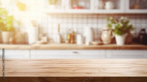 Mock up with an empty wooden table on blurred kitchen background. Backdrop for product presentation or showcase