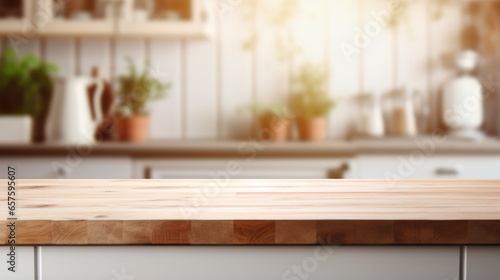 Mock up with an empty wooden table on blurred kitchen background. Backdrop for product presentation or showcase © eireenz