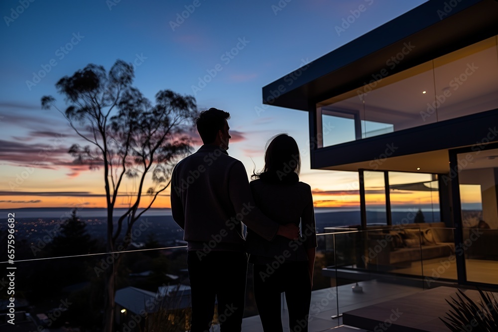 Couple Embracing New Beginnings, Gazing at Their Family New Home