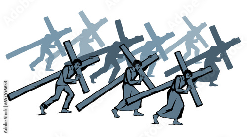 Men carry the cross. Vector drawing
