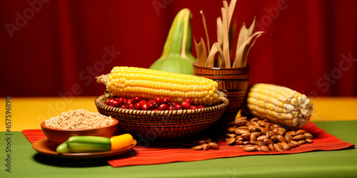 Kwanzaa Symbols:: Kinara, Mazao (crops), Mkeka (mat), Vibunzi (ears of corn). AI generative. photo