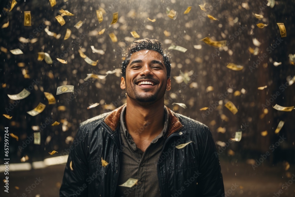 A successful businessman smiles and laughs into the camera under the dollar rain A successful businessman smiles and laughs into the camera under the dollar rain
