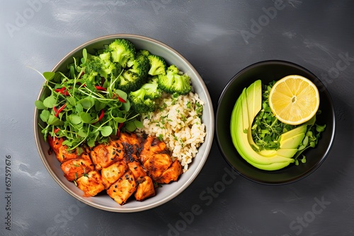 Salmon avocado bowl with broccoli, green peas, rice and fresh salad photo
