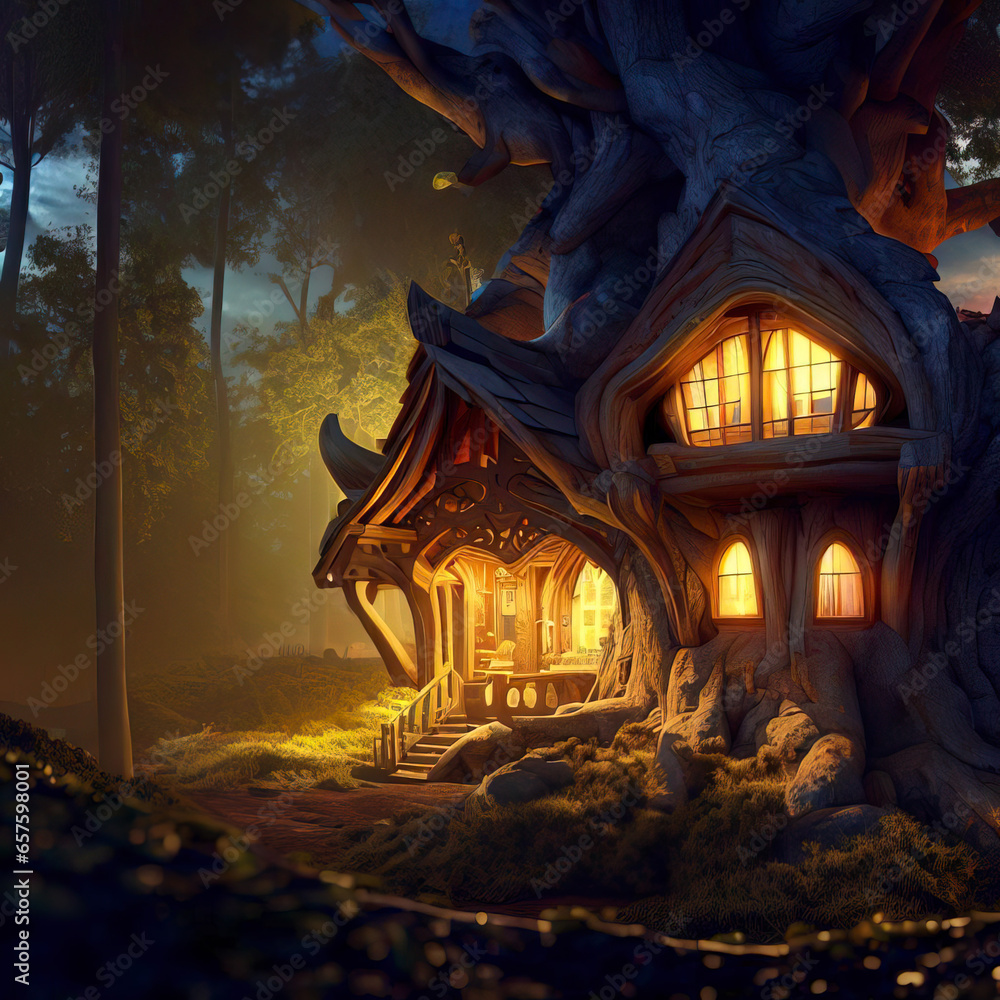 Fantasy house in forest, fairytale home in tree trunk at night, Surreal mystical fantasy artwork. Generative AI