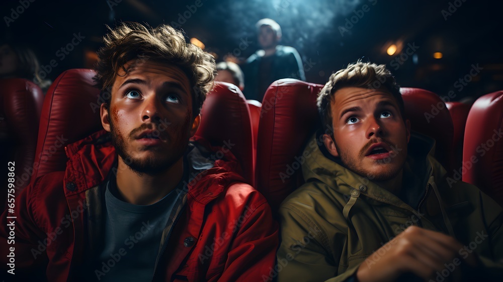 Theatrical Delight: Two Men Absorbed in Cinematic Experience - obrazy, fototapety, plakaty 