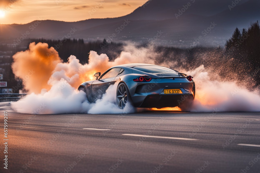 electric sport car ev battery explosion burn fire flames, sunset in the