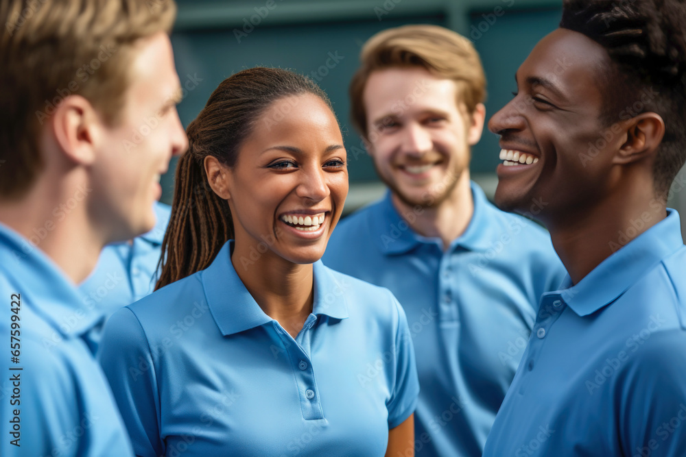 Multicultural nurse laughing at team seminar in blue polo shirt. Multicultural nurse laughing at team seminar in blue polo shirt.