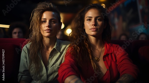 Theater Embrace: Lesbian Couple Watching Film in Cozy Cinema Seats photo