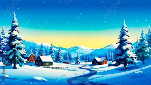 Snowy landscape with houses and stream in the foreground and snow covered mountain in the background. © Kostya