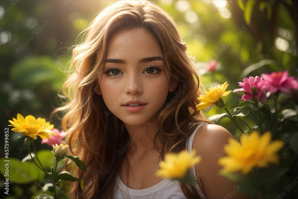 Naklejka premium Cheerful Brunette Woman with Long Hair Enjoying Summer Sunlight Amidst Yellow Flowers