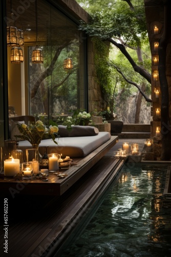  Tranquil spa setting with a candlelit massage room, exuding relaxation and serenity, Generative AI