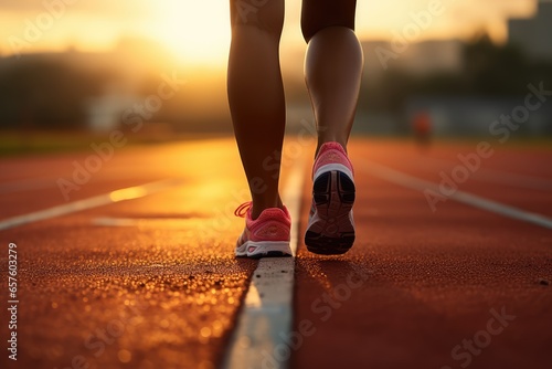 A woman running on a track  up close  an athletic track  a person ready to start a race