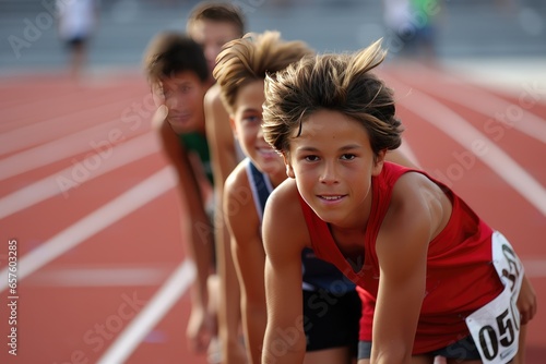 School students racing on a track in an elementary school athletic competition.