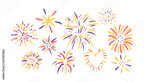 Set of simple hand drawn fireworks. Doodle sketch style. Festive firework icons collection. Colorful vector illustration isolated on white background