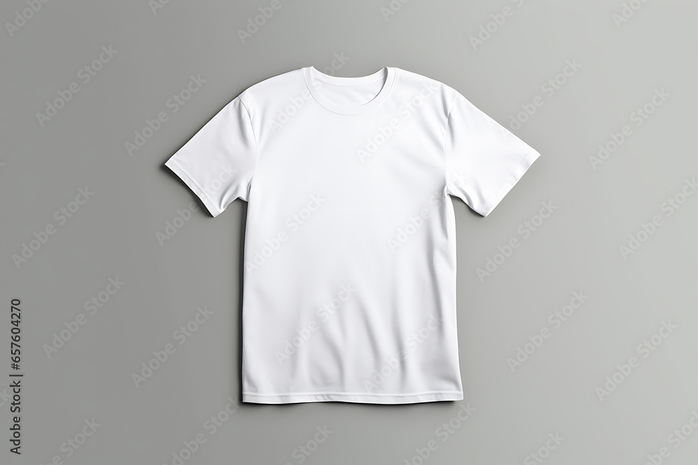 A white men's t-shirt mockup against a light gray background, highlighting its details and contours A white men's t-shirt mockup against a light gray background, highlighting its details and contours