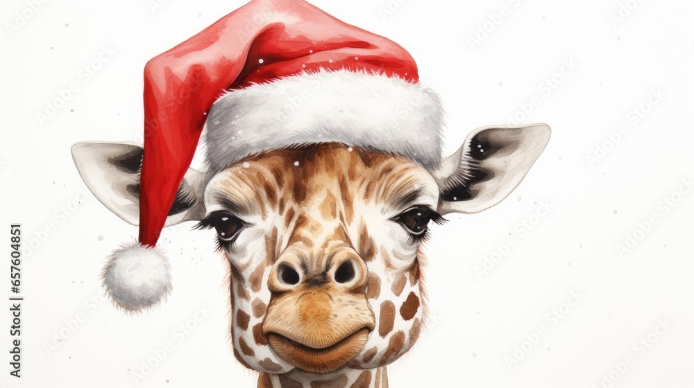Naklejka premium Giraffe wearing a Santa hat, white background