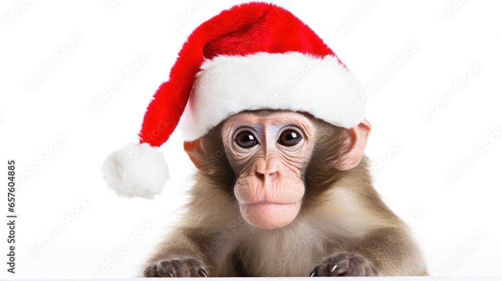 Monkey wearing a Santa hat white background Monkey wearing a Santa hat white background