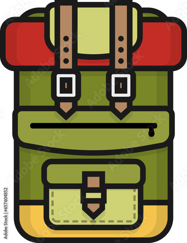 Green bagpack with sleeping bag line icon