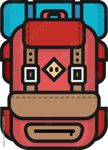 Red bagpack with sleeping bag line icon