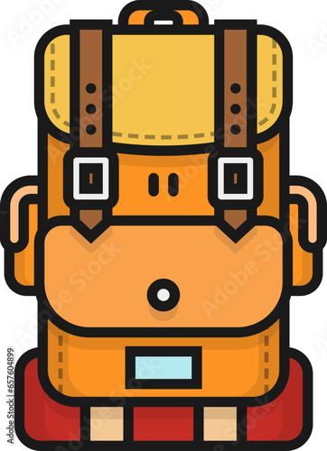 Orange bagpack with sleeping bag line icon