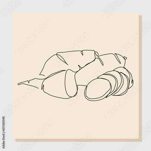 Continuous single line sketch drawing of whole health organic sweet potato for farm logo identity. One line art of fresh tuberous morning glory concept for horticultural icon. vector illustration