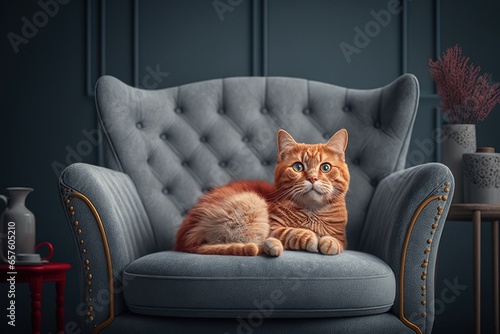 Cat on an armchair in the house, room design, red cat, digital art style