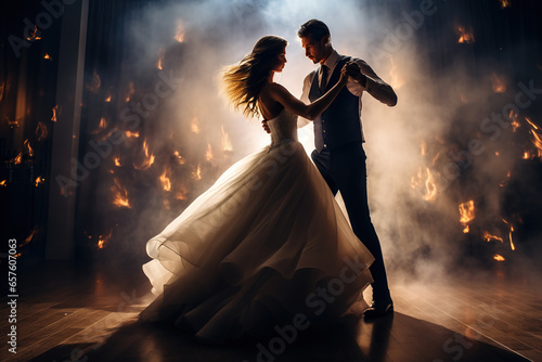 Wedding couple performing the first dance over dramatic fire and smoke background.
