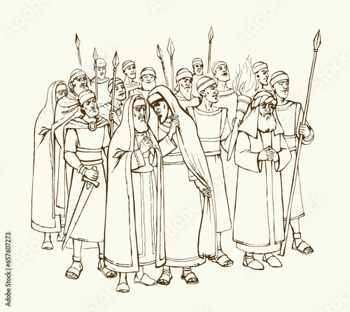 Old Pharisee Priest with army. Vector drawing