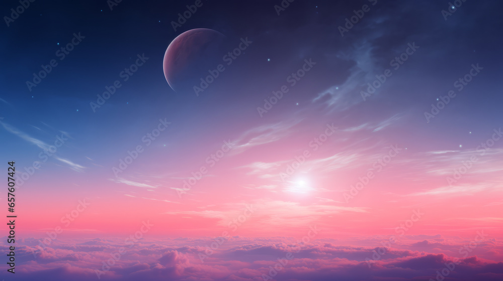 A pink and blue sky with a crescent moon