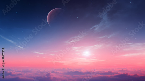 A pink and blue sky with a crescent moon