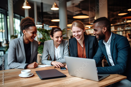 Happy diverse business people laughing while collaborating on a new project in an office.