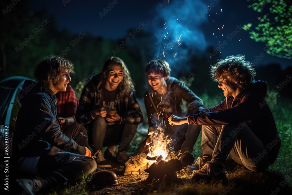 Teenage friends having fun together at night party around bonfire. - obrazy, fototapety, plakaty 