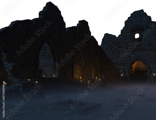 A 3d rendered illustration backdrop of gothic ruins  a mystical temple at night with candle lights 
