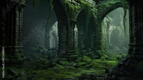 Generative AI  Old green ruins of historical building overgrown by moss and grass