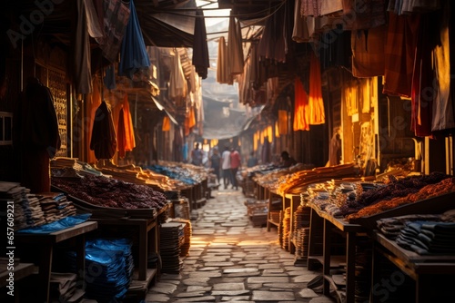  Bustling textile market with bolts of colorful fabrics and patterns, Generative AI