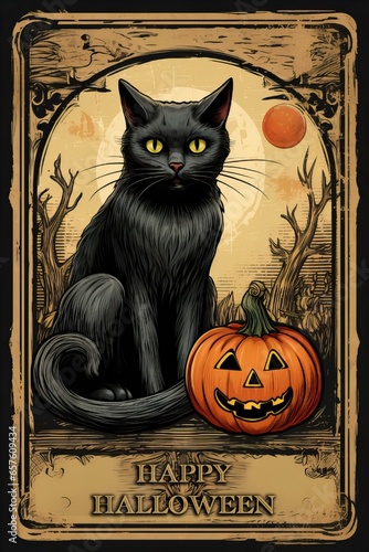 Vintage halloween stamp with cat and pumpkin