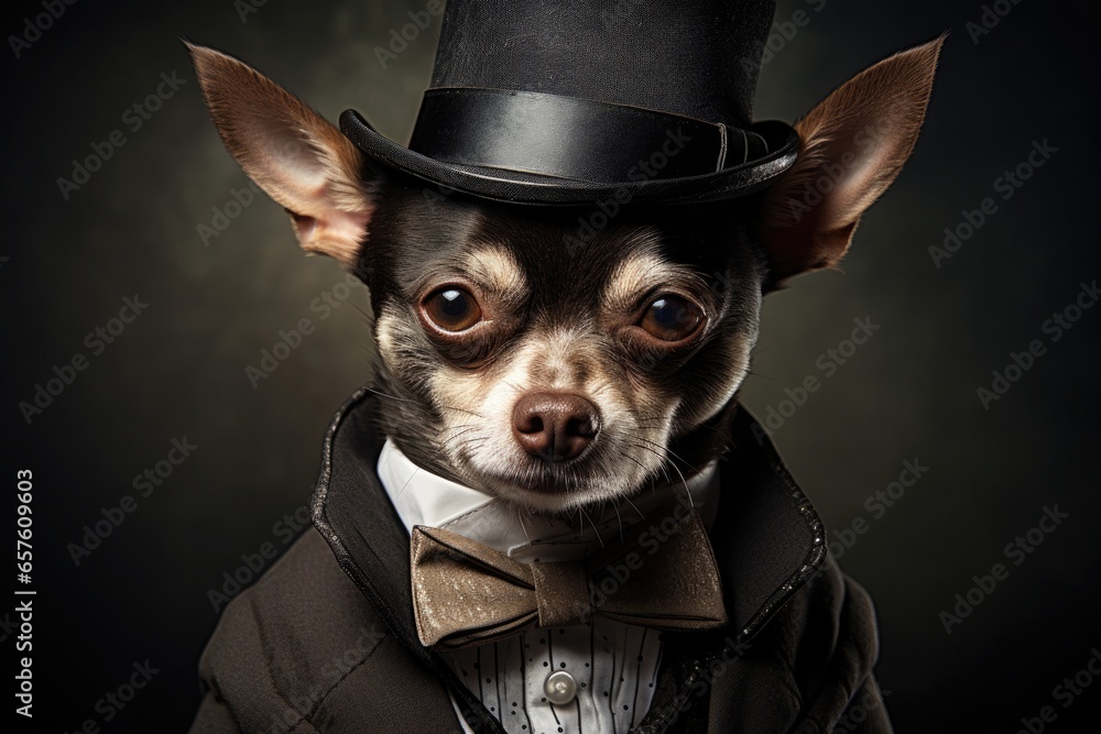 Chihuahua in a black top hat and tailcoat with a bow tie on a black background