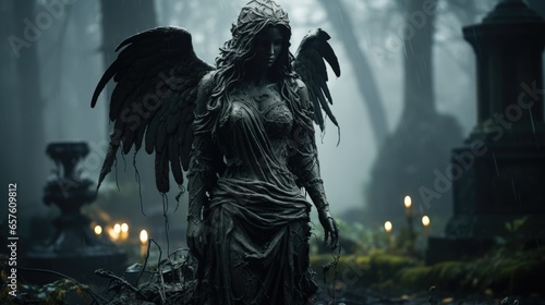 Sculpture of an angel with wings at a funeral in a cemetery near a gravestone. The angel of death and life meets the soul of the deceased